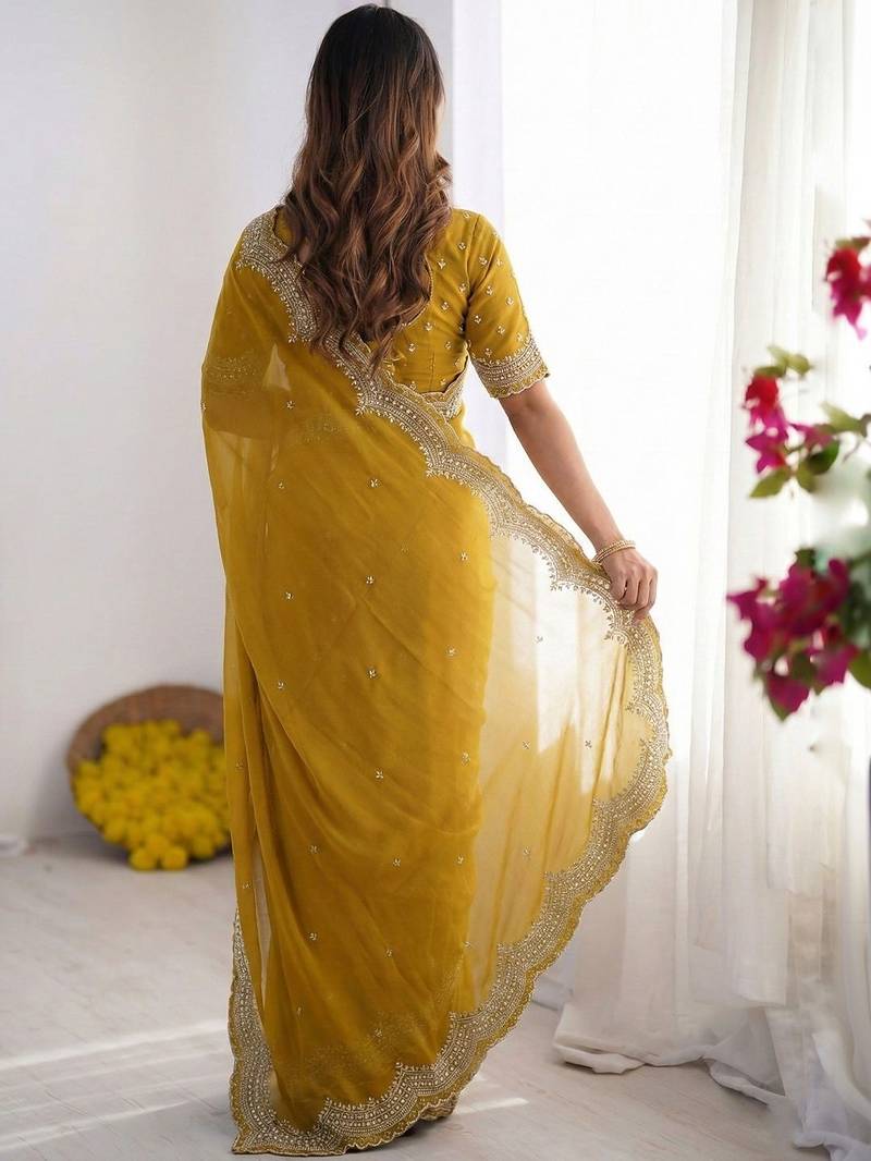 Yellow embroidered poly georgette designer saree