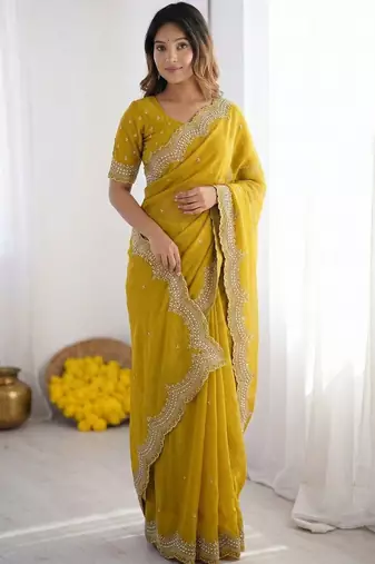 Yellow embroidered poly georgette designer saree