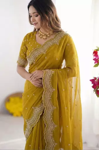 Yellow embroidered poly georgette designer saree