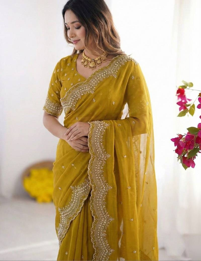Yellow embroidered poly georgette designer saree