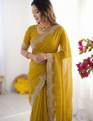 Yellow embroidered poly georgette designer saree 5