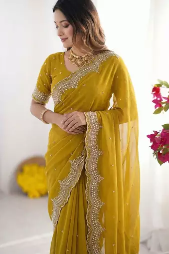 Yellow embroidered poly georgette designer saree