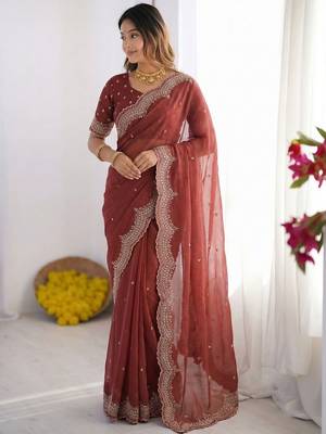 Rust embroidered poly georgette designer saree 1