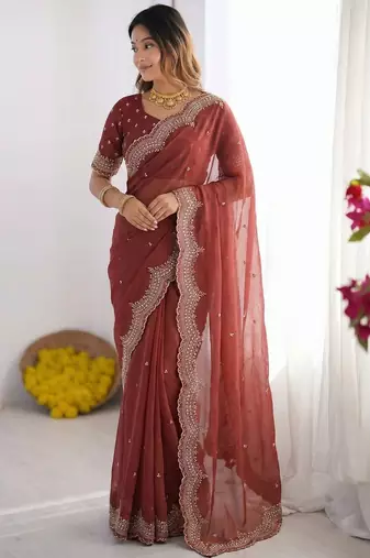 Rust embroidered poly georgette designer saree