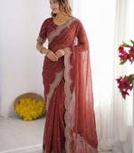 Rust embroidered poly georgette designer saree