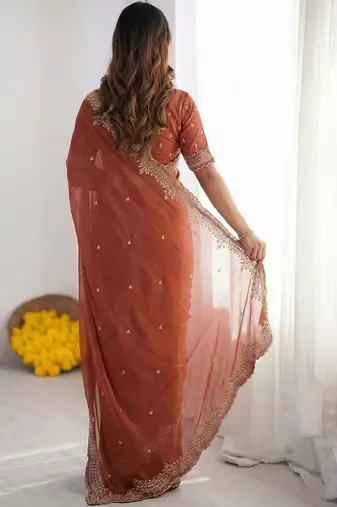 Rust embroidered poly georgette designer saree