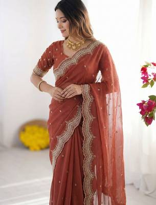 Rust embroidered poly georgette designer saree 4