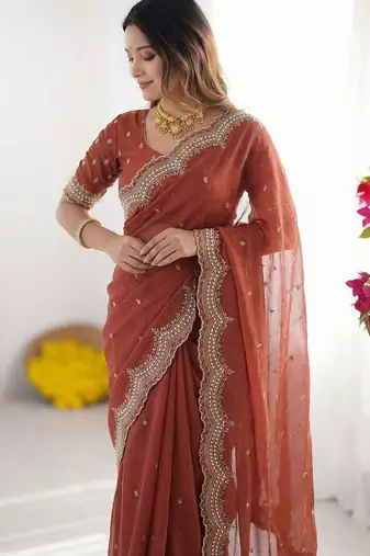 Rust embroidered poly georgette designer saree