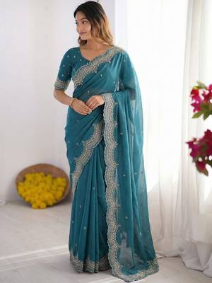 Teal embroidered poly georgette designer saree 1