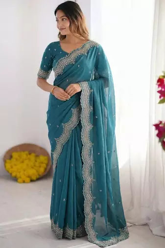 Teal embroidered poly georgette designer saree