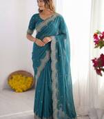 Teal embroidered poly georgette designer saree