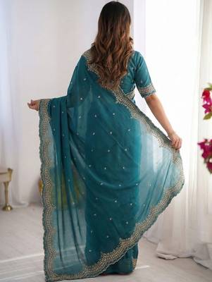Teal embroidered poly georgette designer saree 2
