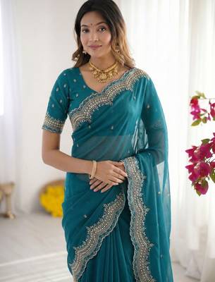 Teal embroidered poly georgette designer saree 3