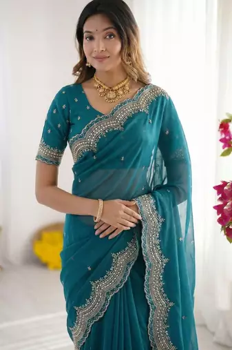 Teal embroidered poly georgette designer saree