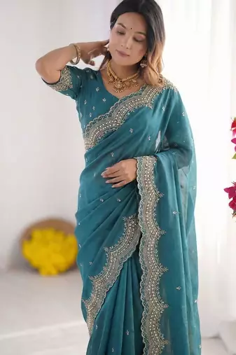 Teal embroidered poly georgette designer saree