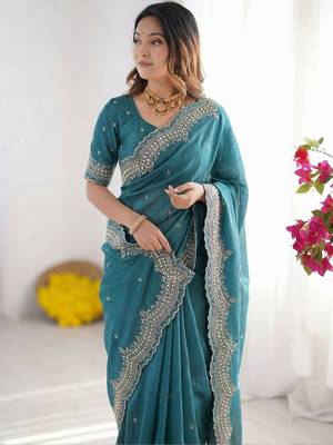 Teal embroidered poly georgette designer saree 5