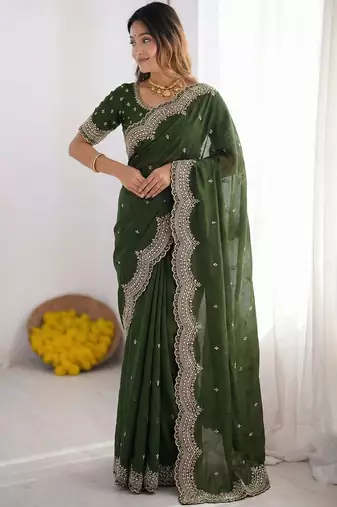 Green embroidered poly georgette designer saree