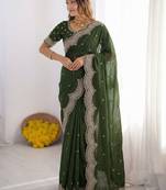 Green embroidered poly georgette designer saree