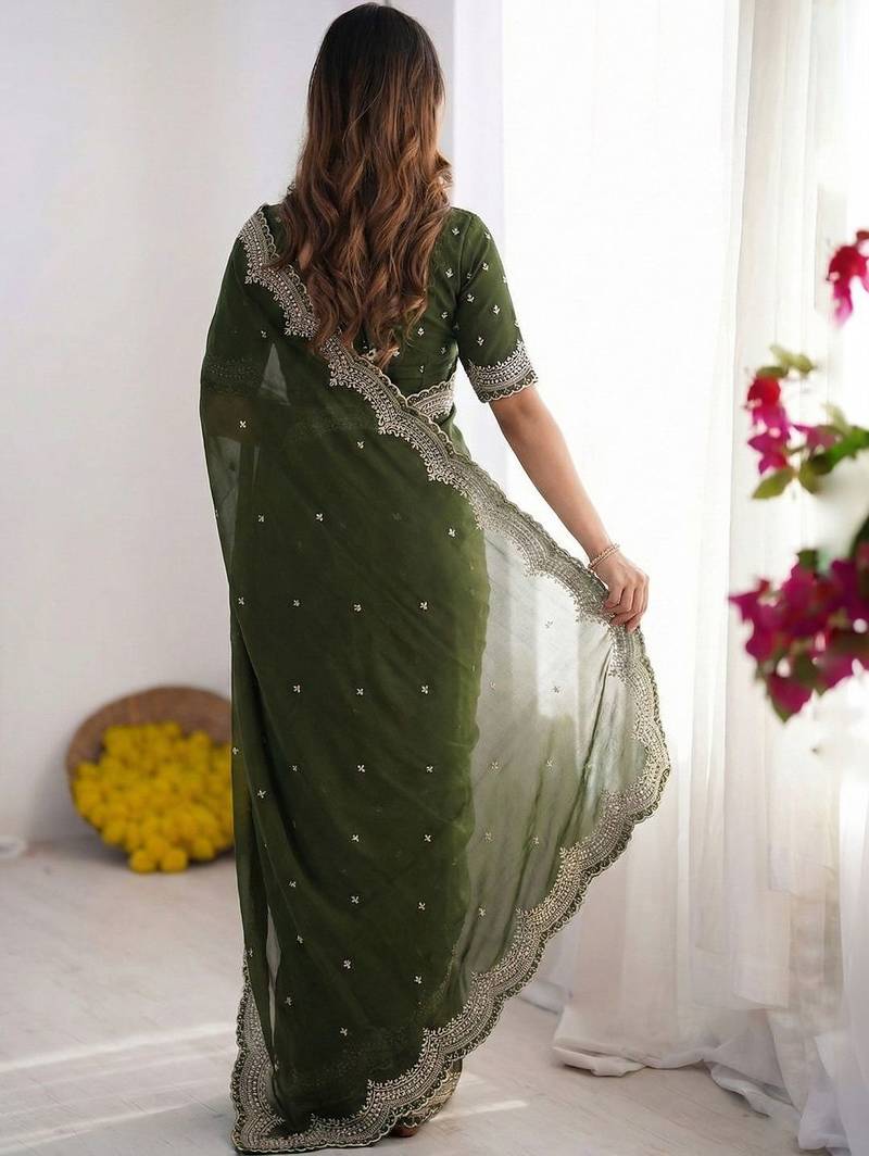 Green embroidered poly georgette designer saree