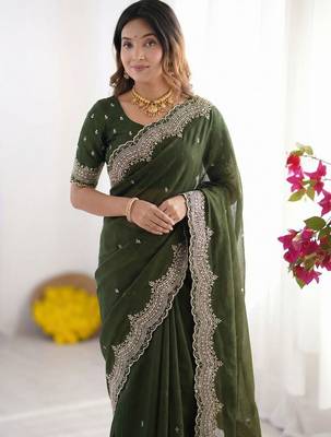 Green embroidered poly georgette designer saree 3