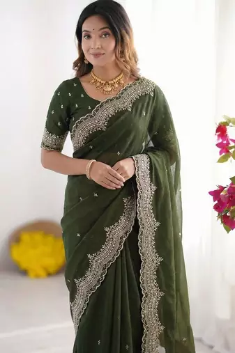 Green embroidered poly georgette designer saree