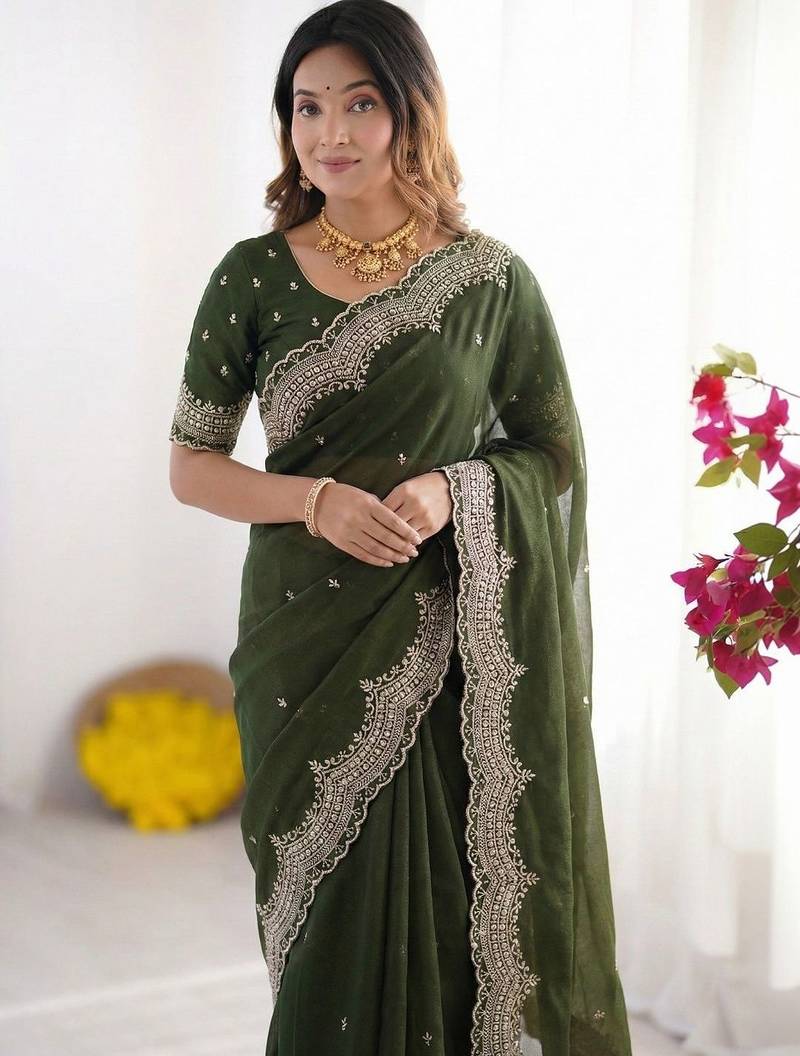 Green embroidered poly georgette designer saree