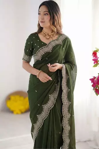 Green embroidered poly georgette designer saree