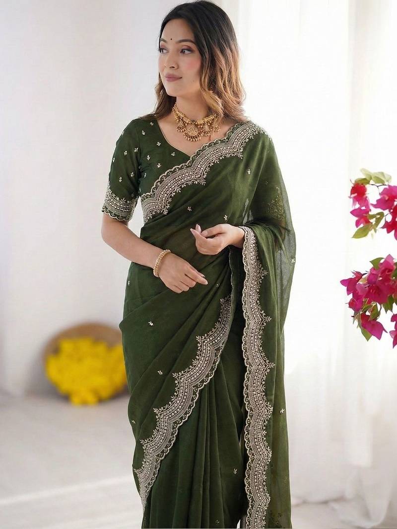 Green embroidered poly georgette designer saree