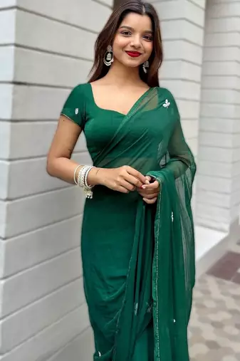 Green embroidered  chiffon saree