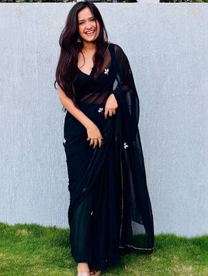 Black floral embroidered  chiffon designer saree 1
