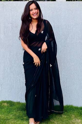 Black floral embroidered  chiffon designer saree