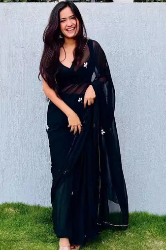 Black floral embroidered  chiffon designer saree