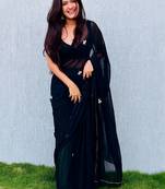 Black floral embroidered  chiffon designer saree
