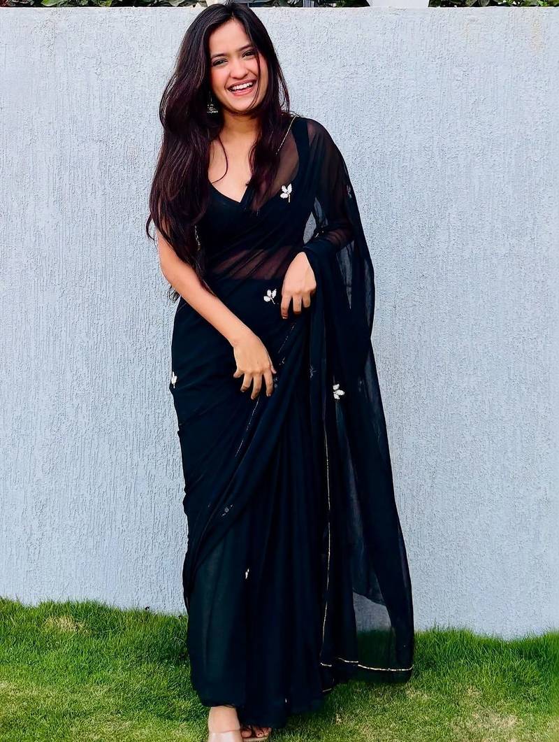 Black floral embroidered  chiffon designer saree