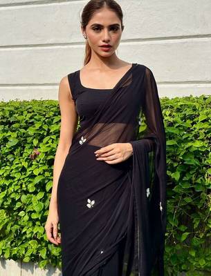 Black floral embroidered  chiffon designer saree 2