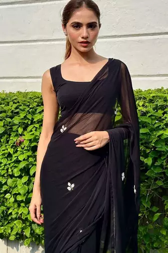 Black floral embroidered  chiffon designer saree