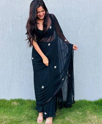 Black floral embroidered  chiffon designer saree 3
