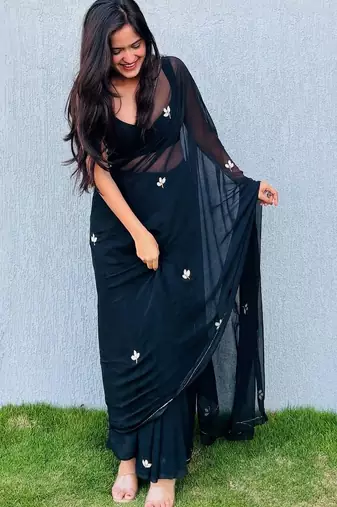 Black floral embroidered  chiffon designer saree