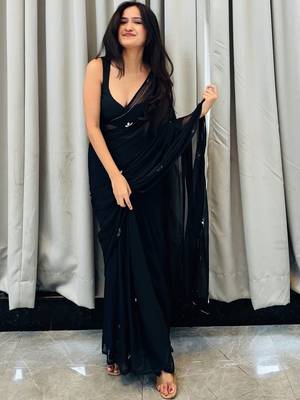 Black floral embroidered  chiffon designer saree 4