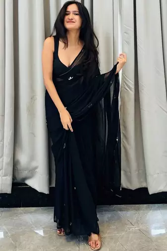 Black floral embroidered  chiffon designer saree