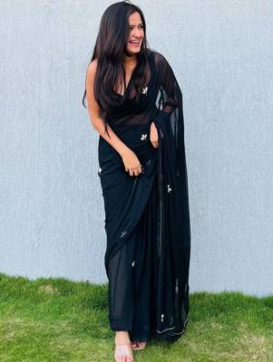 Black floral embroidered  chiffon designer saree 5