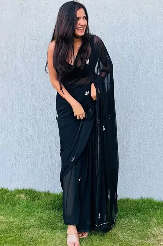 Black floral embroidered  chiffon designer saree