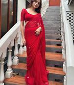 Red embellished sequinned  chiffon saree