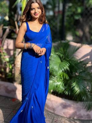 Blue floral beads and stones  chiffon saree 2