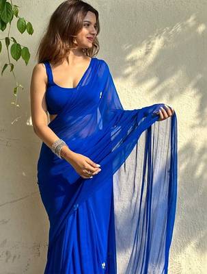 Blue floral beads and stones  chiffon saree 3