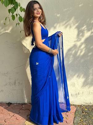 Blue floral beads and stones  chiffon saree 5