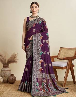Magenta floral printed zari  banarasi saree 1