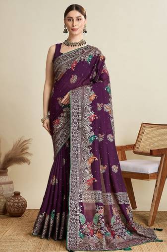 Magenta floral printed zari  banarasi saree