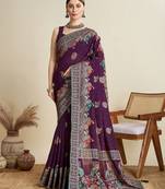 Magenta floral printed zari  banarasi saree
