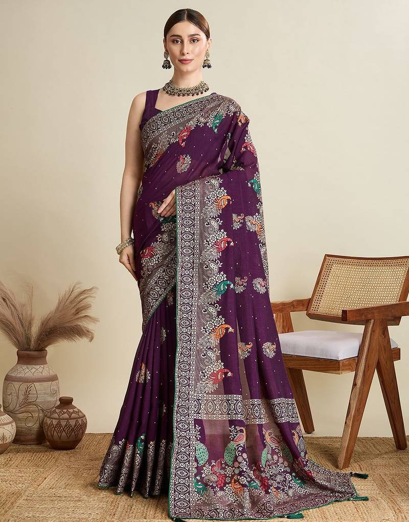 Magenta floral printed zari  banarasi saree